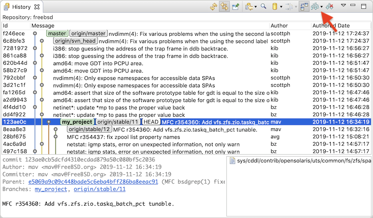 "Screenshot of the EGit history view with the dropdown menu on the 'Branches to Show' toolbar button highlighted."