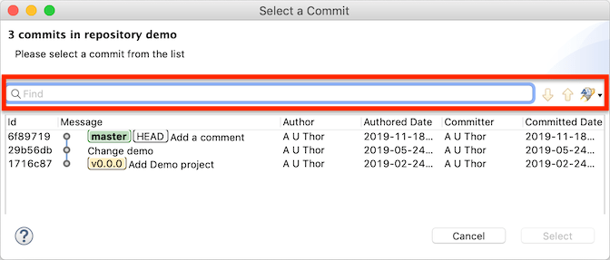 "Screenshot of the commit selection dialog showing the new 'find' toolbar in EGit 5.7.0."