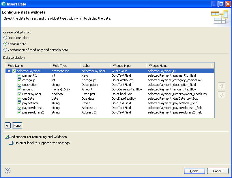 The Configure data widgets wizard with the correct values.