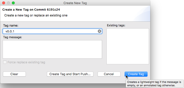 Screenshot of the "Create Tag" dialog showing the tooltip on the "Create" button explaining this.