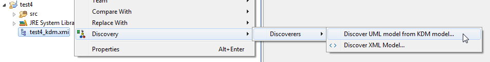 Menu in Eclipse to create a UML model from a KDM model