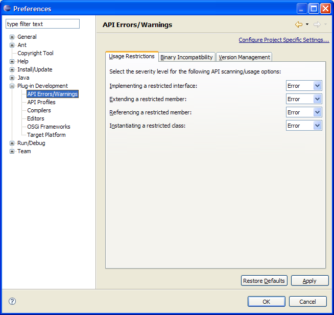 API errors and warnings preference page