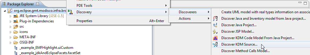 Menu in Eclipse to create a KDM Source model from a Java project