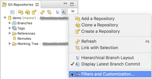 Screenshot showing the "Filters and Customization..." entry in the view menu of the Git Repositories view