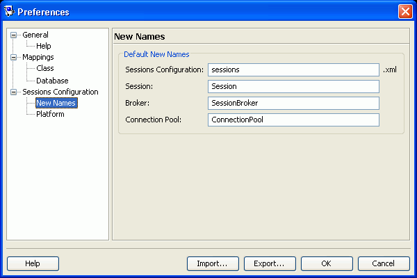 Preferences – Sessions Configuration – New Names Dialog Box
