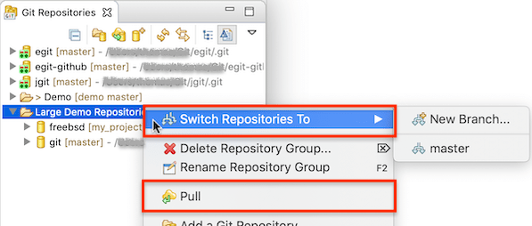 "Screenshot of the Git Repositories view showing multi-operations enabled on repository groups in EGit 5.7.0."