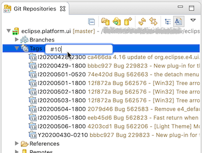 "Screenshot showing tag filtering in the repositories view in EGit 5.8.0."