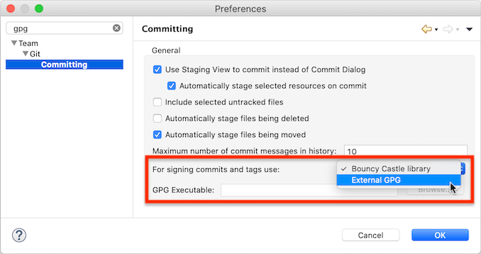 "Screenshot of the EGit 5.11 Git/Committing preference page showing the new GPG-related settings"