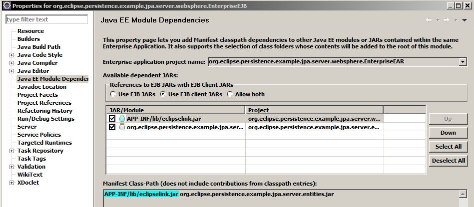 Eclipse ejb container managed project manifest classpath to eclipselink jar in ear .JPG