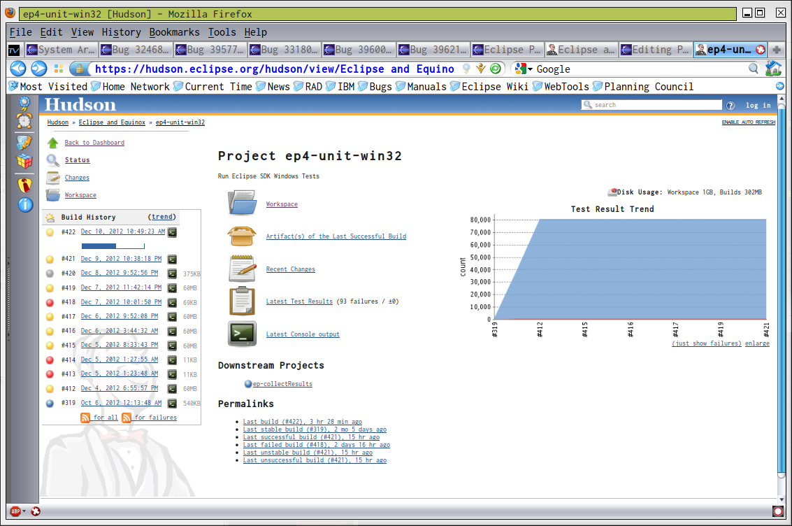 Job History for 4.x based Windows 32 bit tests