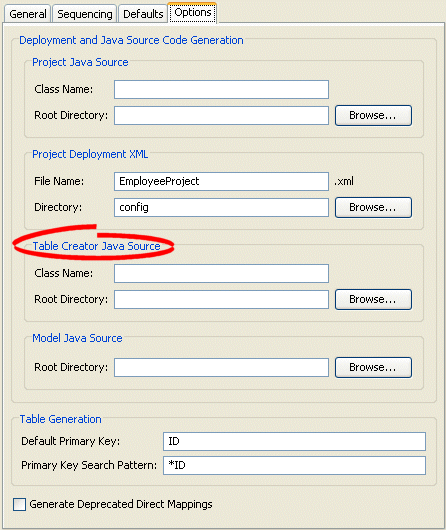 Options Tab, Table Creator Java Source Options