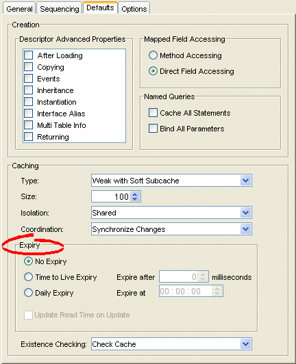 Defaults Tab, Cache Expiry Options