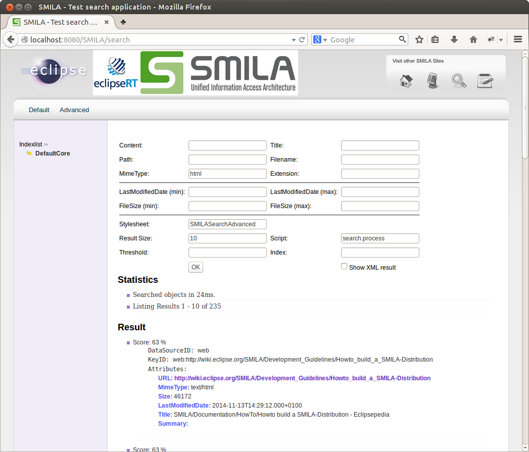 SMILA's advanced sample search page