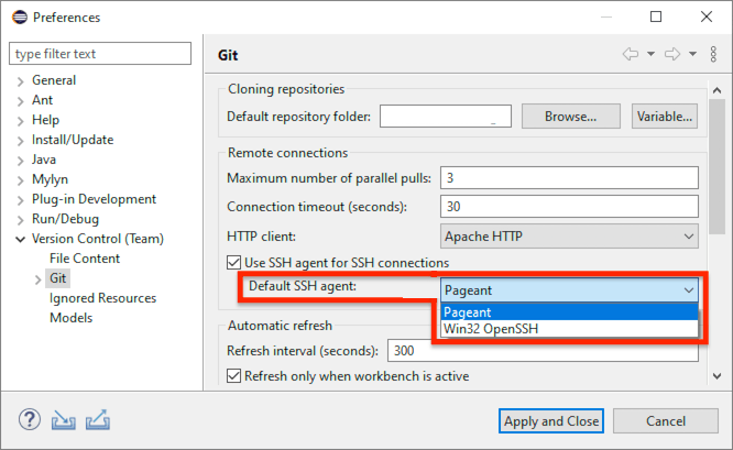 "Screenshot of the EGit preferences with the default SSH agent selector available on Windows highlighted"
