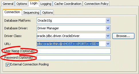 Login Tab, Connection Subtab, User Name and Password Fields