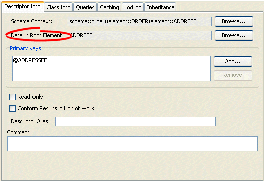 Descriptor Info Tab, Default Root Element Option