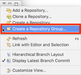 'View menu of the repositories view with the new "Create a Repository Group..." entry highlighted'