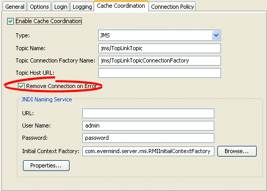 Cache Coordination Tab, Remove Connection on Error Option