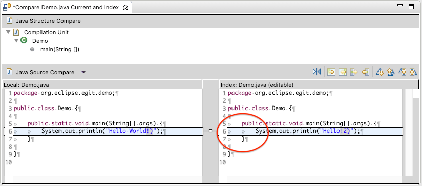 Screenshot of a Java comparison in Eclipse (workspace against index) showing whitespace on the index side