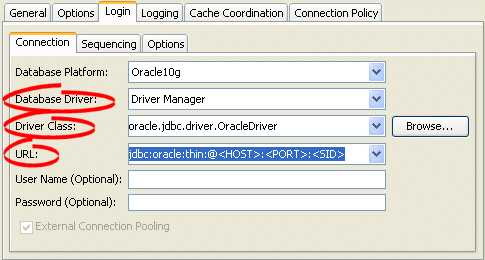 Login Tab, Connection Subtab, Database Driver
