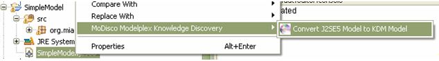 Menus in Eclipse to create KDM model from J2SE5 model