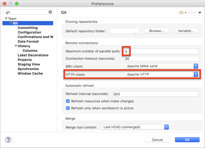 "Screenshot of the EGit main preference page highlighting the two changes"