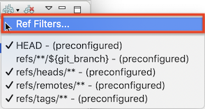 "Screenshot of the EGit history ref filter drop-down menu."
