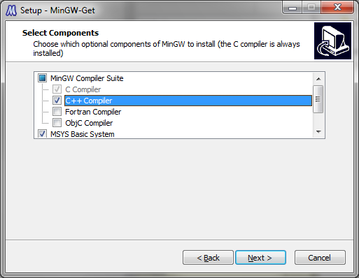 Select "C++ Compiler" and "MSYS Basic System"