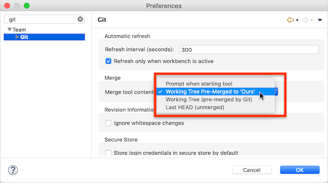 "The main EGit preference page with the merge tool input preference highlighted"