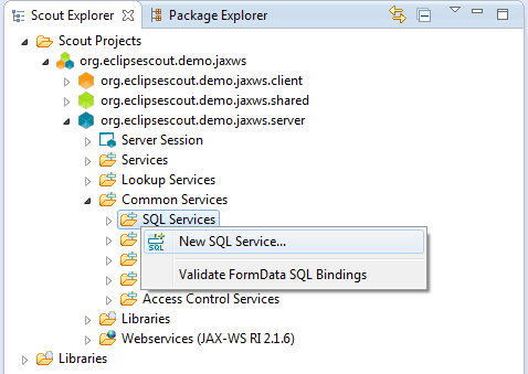 Create Derby SQL Service menu