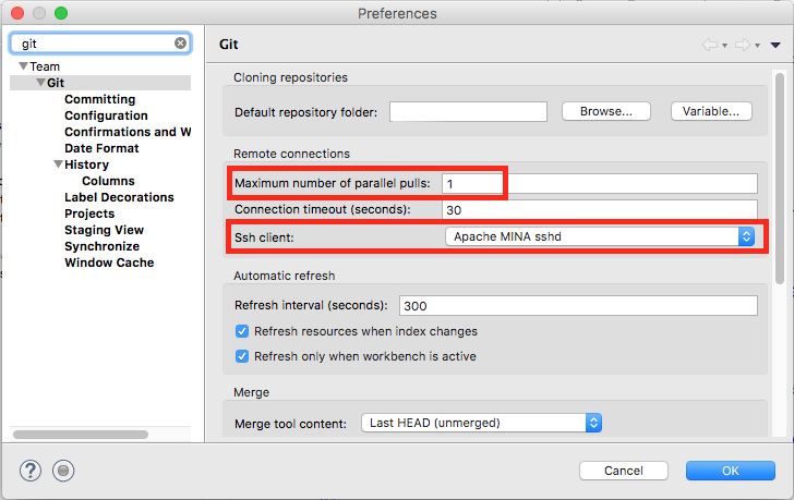 Screenshot of the Egit preference page with the two new preferences highlighted