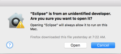 Query asking if it is ok to open the Eclipse binary that was created by an unidentified developer
