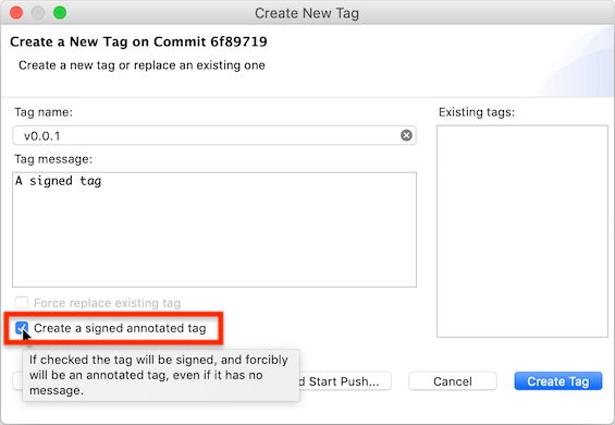 "Screenshot of the EGit 5.11 tag creation dialog with the new checkbox for creating a signed commit highlighted."