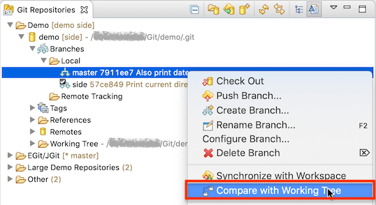 "The 'Compare With Working Tree' command in the context menu of the Git Repositories View"