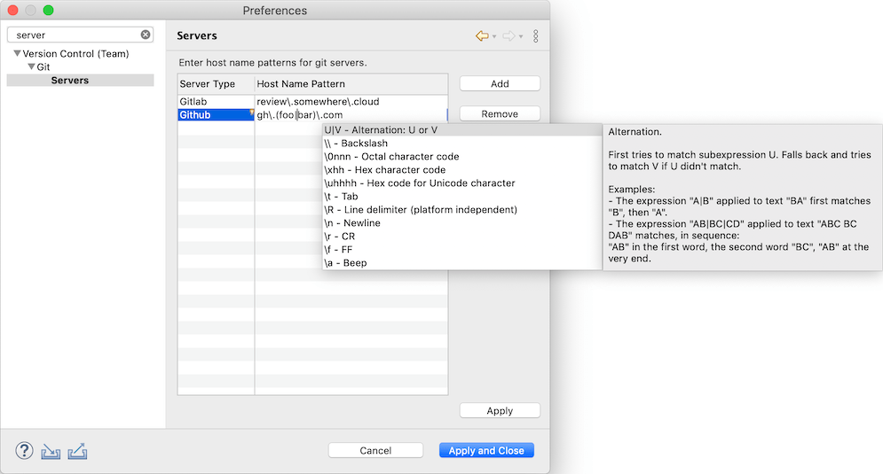 "Screenshot of the preference page for entering host name patterns"