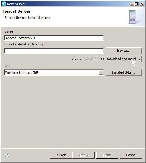The New Server wizard requests an installation directory.