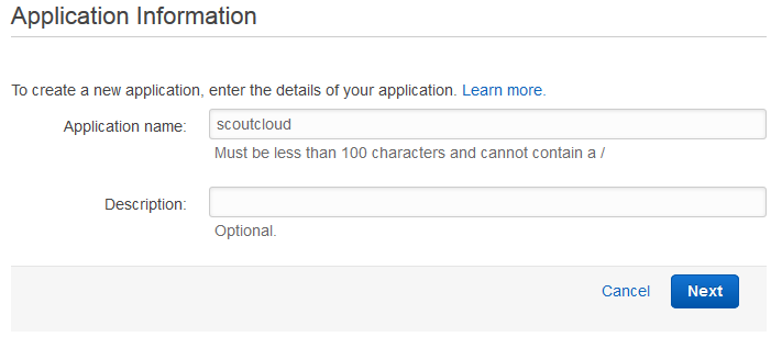 Scout cloud aws create application define name.png