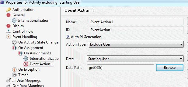 Linking an Exclude User Event Action to the Starting User default Process Data