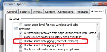 Screenshot of Internet Explorer's "Disable script debugging (Internet Explorer)" option setting