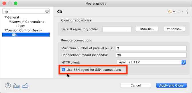 "Screenshot of the Egit preferences with the new option for enabling or disabling ussing an SSH agent"