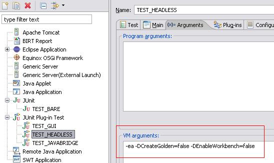 Arguments tab for headless test suite