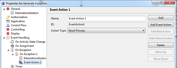 Event Action set to Abort Process on Activity Generate Exception