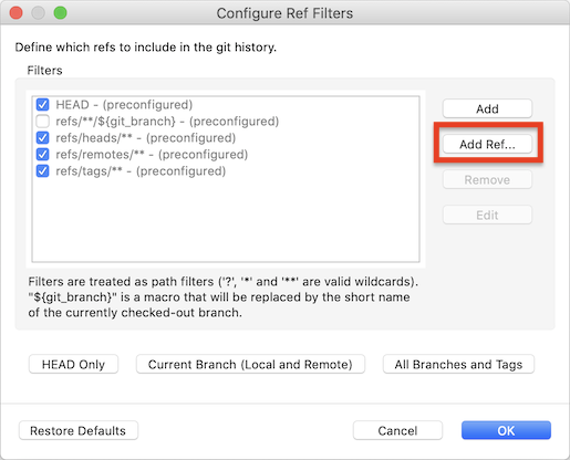 "Screenshot of the EGit 5.6.0 ref filter configuration dialog."