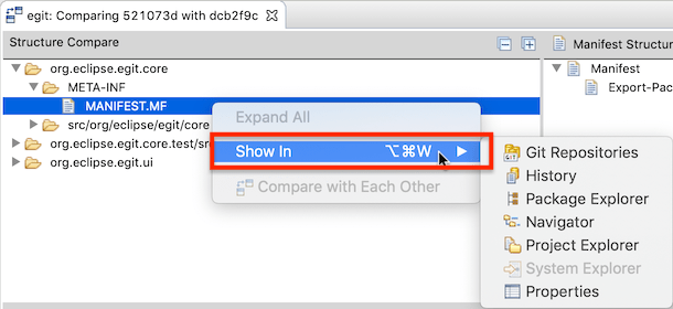 "The customized context menu in the Compare Editor's directory viewer showing the 'Show In' command"