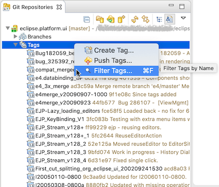 "Screenshot showing the tag filter command in the repositories view in EGit 5.8.0."