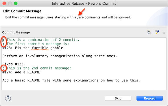 "Dialog shown to edit the commit message when squashing two commits"