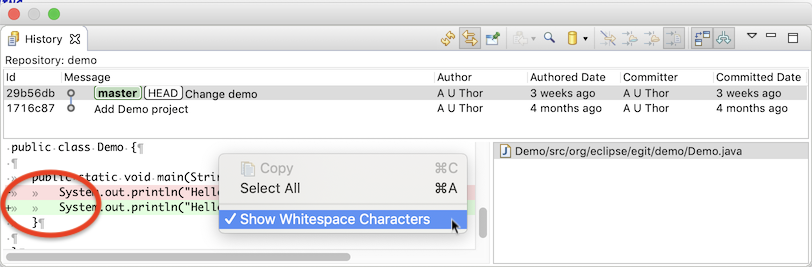 Screenshot of the Git History view with the context menu on the diff viewer visible and showing whitespace characters in the diff viewer.