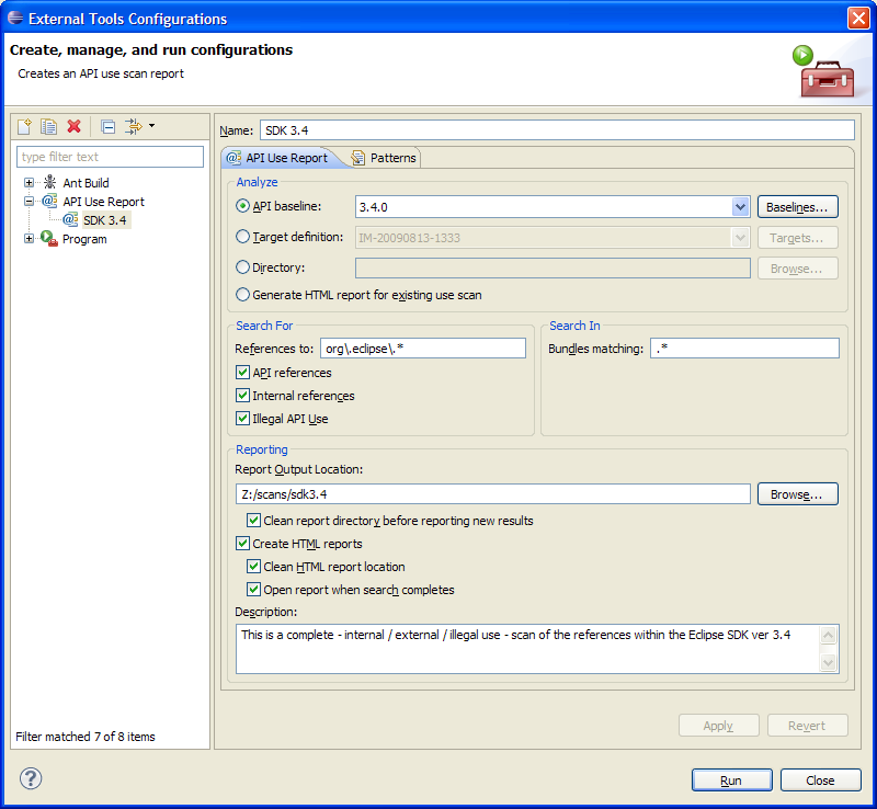 The external tools dialog showing a use scan configuration