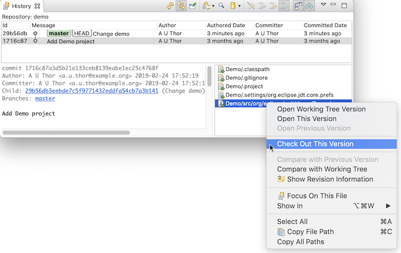 Screenshot of the Git History View showing the new check-out command