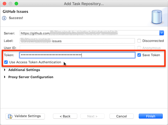 "Screenshot of a Mylyn 'GitHub Issues' task repository configuration dialog showing the token authentication settings."